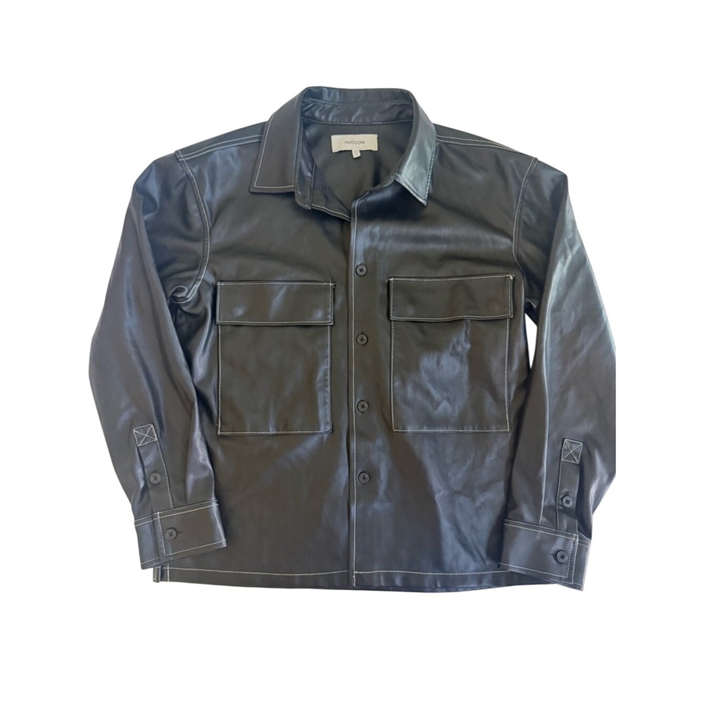 Hudson Jeans Black Faux Leather Utility Shirt Jacket with Contrast Stitching S